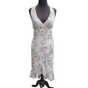 Vtg 90s Y2k Heart Moon Star Floral Halter Dress Ruffle Hem USA Dusty Blue Midi M
